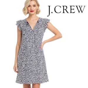 J. CREW Navy Blue White Yellow Floral Flutter Sleeve mini Cotton Dress Babydoll